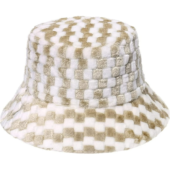 CoCopeaunts Bucket Hat for Men Casual Trend Mixed Color Plaid Fishing Cap Plush Basin Cap Women Autumn Winter Warm Cold Proof