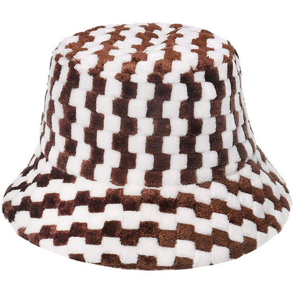 CoCopeaunts Bucket Hat for Men Casual Trend Mixed Color Plaid Fishing Cap Plush Basin Cap Women Autumn Winter Warm Cold Proof