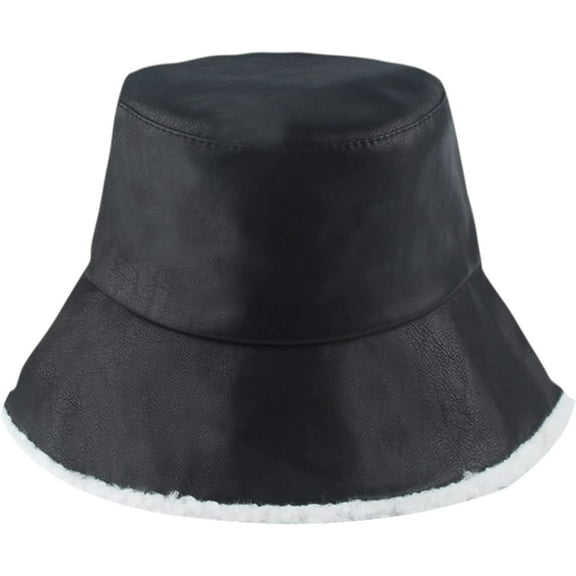 CoCopeaunts Bucket Hat for Women Autumn Winter Faux Leather Lambswool Fleece Warm Basin Hat Fashion Two Side Wear Fisherman Hat
