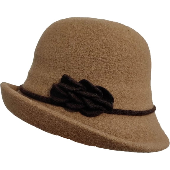 CoCopeaunts Bucket Hat for Women Solid Color Vintage Bowler Hat Round Roll-up Brim Warm Autumn Winter Hat Felt Leaf Hatband