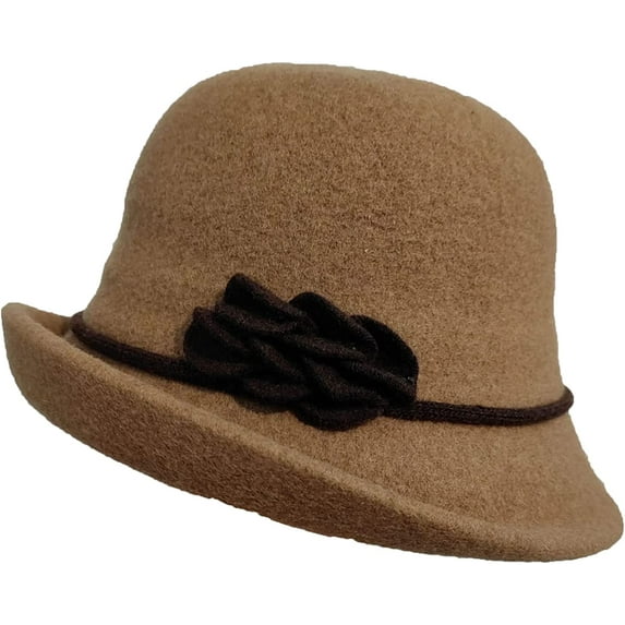 CoCopeaunts Bucket Hat for Women Solid Color Vintage Bowler Hat Round Roll-up Brim Warm Autumn Winter Hat Felt Leaf Hatband