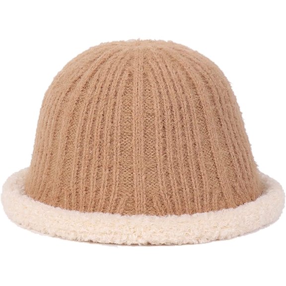 CoCopeaunts Bucket Hat for Women Sweet Solid Color Knit Hats Lambs Wool Brim Winter Warm Pot Hat Travel Photography Bucket Cap