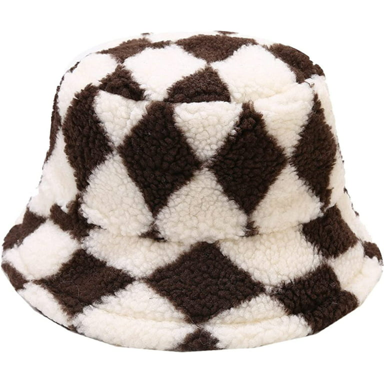 CoCopeaunts Bucket Hats for Men Faux Fur Fluffy Outdoor Keep Warm Soft  Furry Women Fisherman Cap Fashion Rhombic Plaid Pattern 