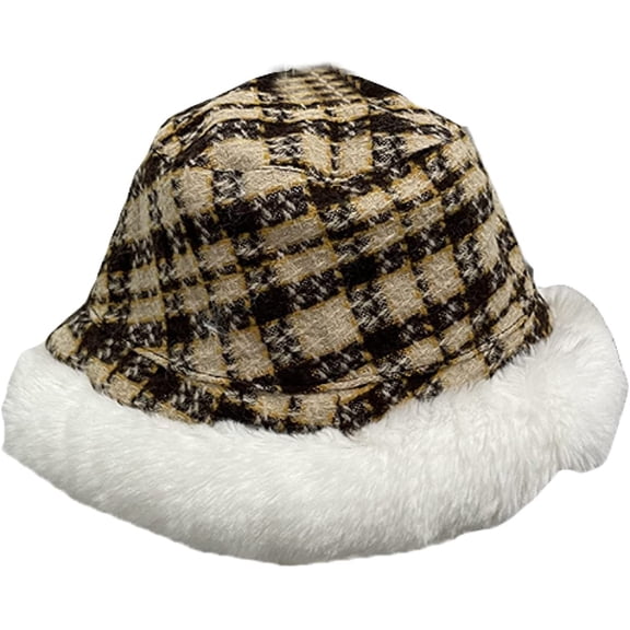 CoCopeaunts Bucket Hats for Men Plush Brim Warm Fisherman Caps Vintage Plaid Women Autumn Winter Thickened Warm Costume Accessory
