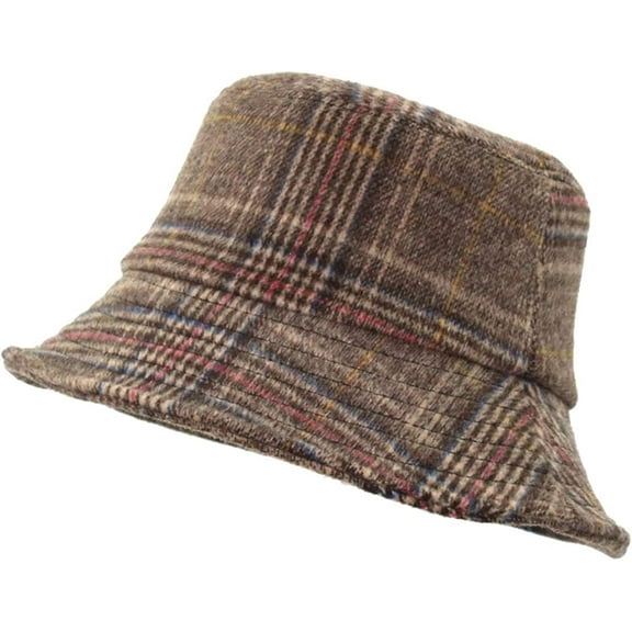 CoCopeaunts Bucket Hats for Men Winter Warm Vintage Plaid Fisherman Hats Flat Unisex Lattice Wool Basin Hat Soft Foldable