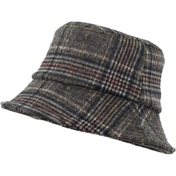 CoCopeaunts Bucket Hats for Men Winter Warm Vintage Plaid Fisherman Hats Flat Unisex Lattice Wool Basin Hat Soft Foldable