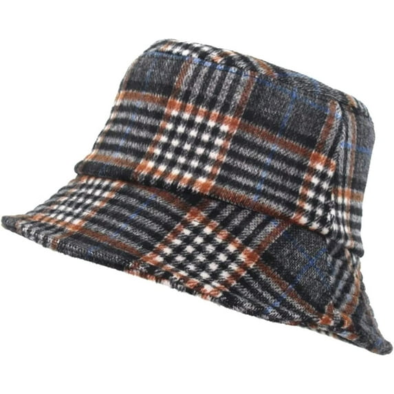 CoCopeaunts Bucket Hats for Men Winter Warm Vintage Plaid Fisherman Hats Flat Unisex Lattice Wool Basin Hat Soft Foldable