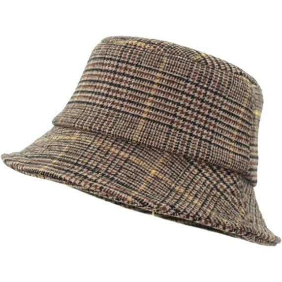 CoCopeaunts Bucket Hats for Men Winter Warm Vintage Plaid Fisherman Hats Flat Unisex Lattice Wool Basin Hat Soft Foldable