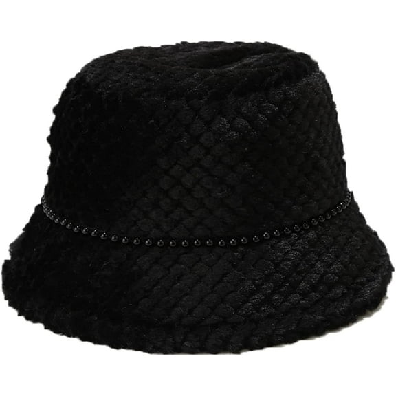 CoCopeaunts Bucket Hats for Women Black Lattice Autumn Winter Pearl Belt Bucket Cap Fluffy Soft Warm Casual Fisherman Hat