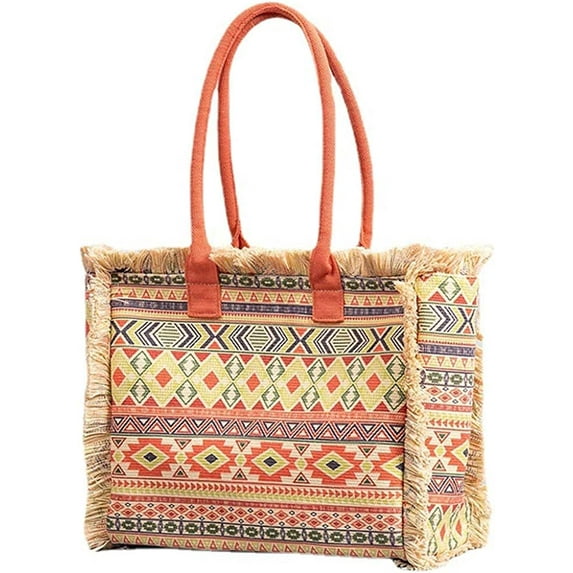 CoCopeaunts Canvas Tote Bag for Women Boho Style Fringed Large School Work Bag Top Handle Shoulder Handbag