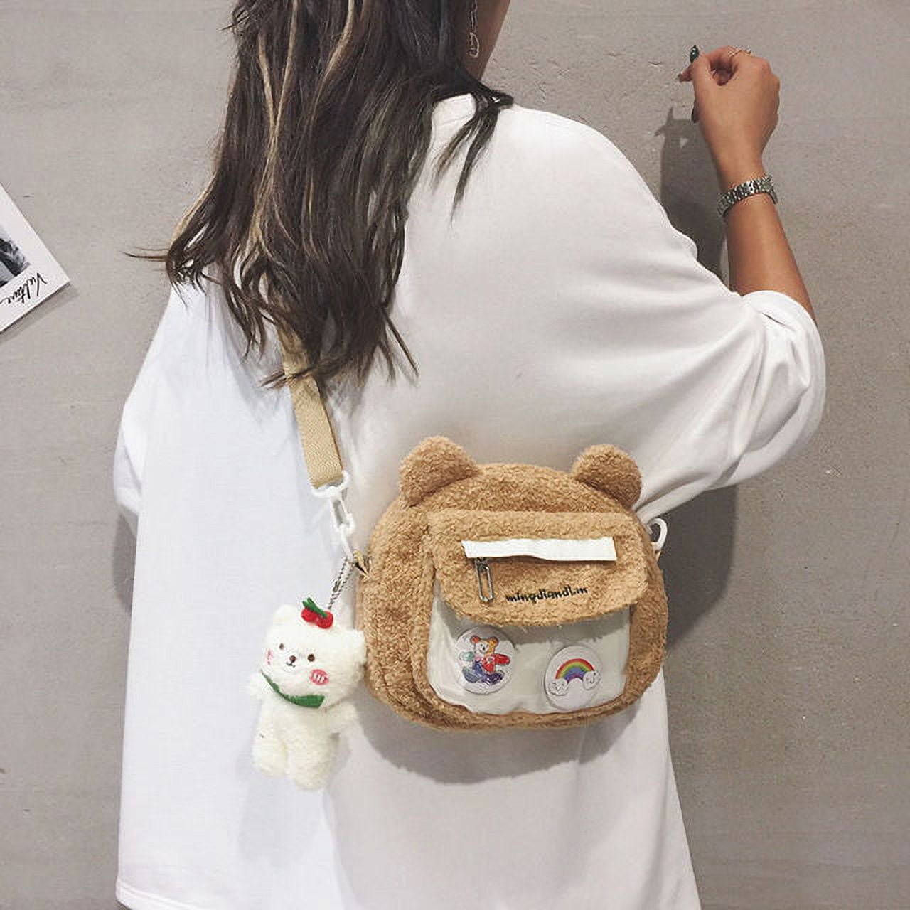 CoCopeaunts Cute Bear Shoulder Bag for Women Girl Fluffy Winter Kawaii Small  Trend Purse Japan Style Kid Soft Zipper Crossbody Bag 
