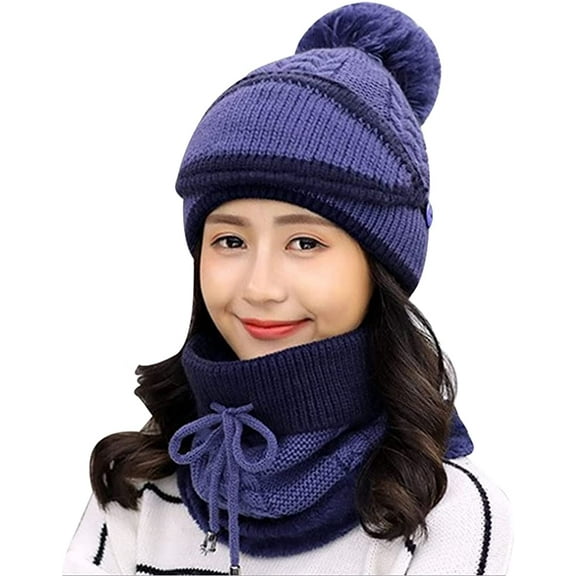 CoCopeaunts Fleece Lined Knit Beanie Scarf Mouth Mask Set for Girl Ski Hat Women Winter Skully Caps with Pompom