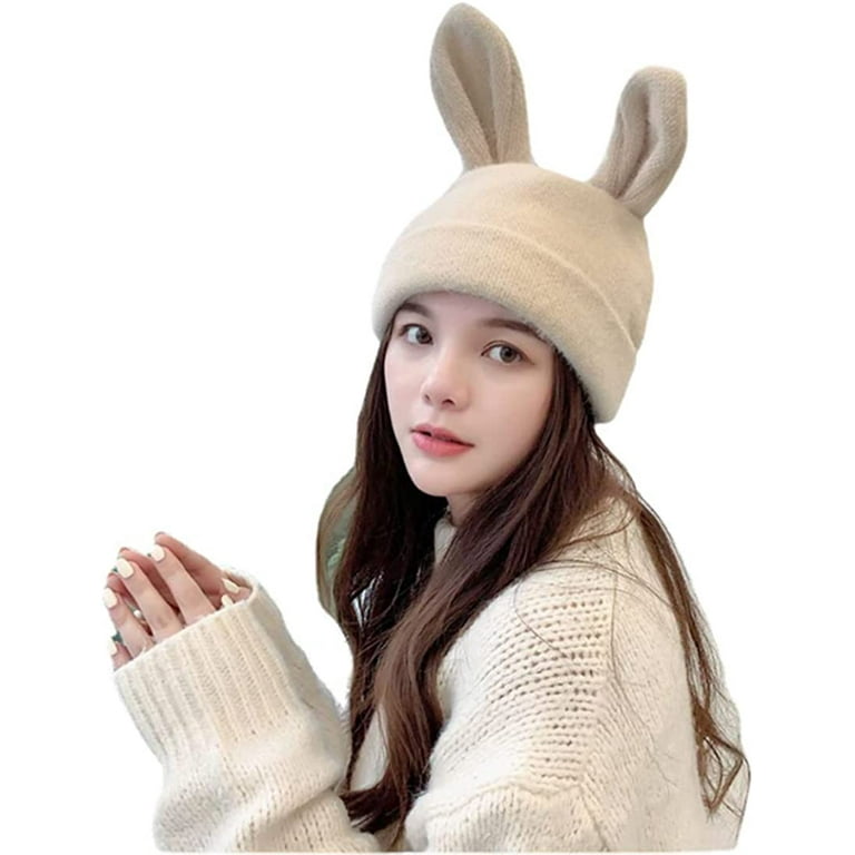 CoCopeaunts Knit Beanie Hats for Women Bunny Hat Warm Knit Rabbit Ear Crochet Skull Cap with Cute Rabbit Bunny Ears