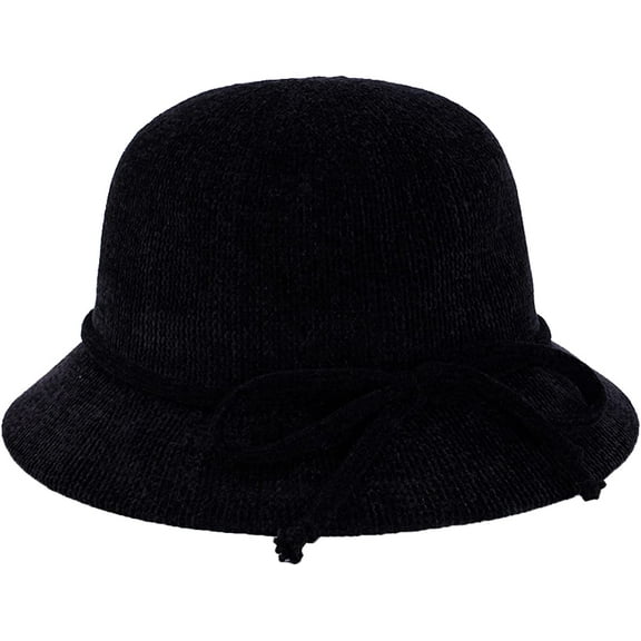 CoCopeaunts Knit Bucket Hat Women Solid Color Crochet Bowler Hats with Bowknot Lacing Strap Charming Winter Basin Hat for Girl