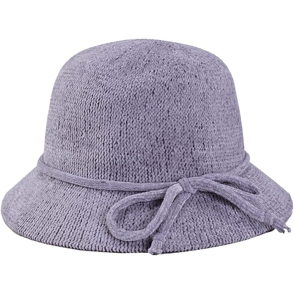 CoCopeaunts Knit Bucket Hat Women Solid Color Crochet Bowler Hats with Bowknot Lacing Strap Charming Winter Basin Hat for Girl