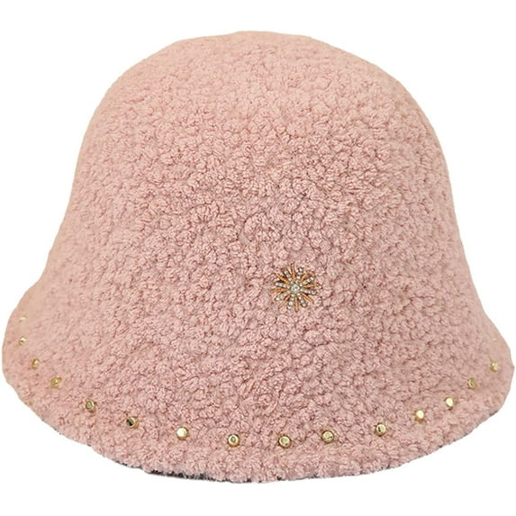 CoCopeaunts Ladies Bucket Hat Solid Color Lambs Wool Casual Warm Women Girls Basin Cap Rivet Edge Decorate Trend Fisherman Hat