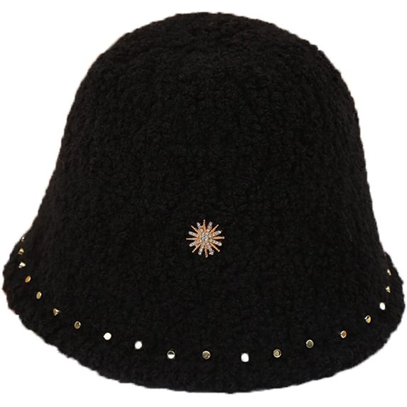 CoCopeaunts Ladies Bucket Hat Solid Color Lambs Wool Casual Warm Women Girls Basin Cap Rivet Edge Decorate Trend Fisherman Hat