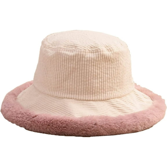 CoCopeaunts Large Bucket Hat Women Vintage Corduroy Splicing Plush Brim Fishing Hats Foldable Winter Fashion Warm Basin Hat