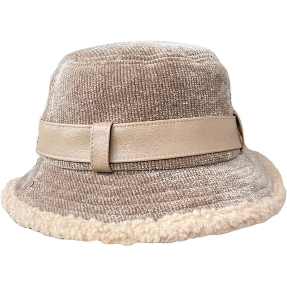 CoCopeaunts Large Bucket Hat for Women Outdoor Leisure Warm Corduroy Basin Hat Lambs Wool Brim with Pu Leather Belt Fisherman Hat