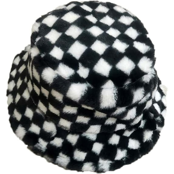 CoCopeaunts Men Bucket Hat Fashion Chessboard Checker Plush Fisherman Hat Women Autumn Winter Thickened Vintage Keeping Warm Cap
