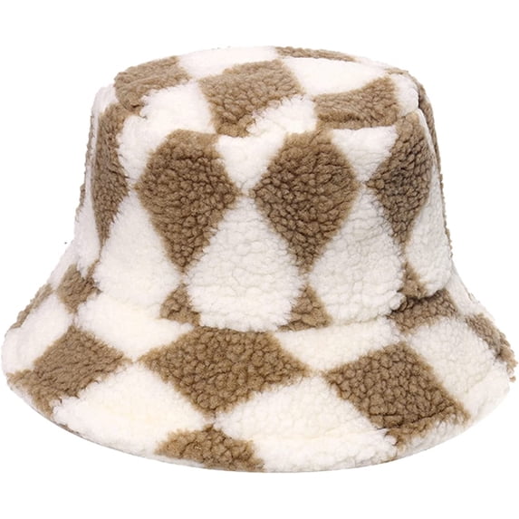 CoCopeaunts Mens Bucket Hat Europe American Style Winter Warm Geometry Diamond Plaid Fisherman Cap Lamb Wool Basin Cap for Women