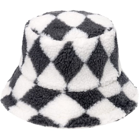 CoCopeaunts Mens Bucket Hat Europe American Style Winter Warm Geometry Diamond Plaid Fisherman Cap Lamb Wool Basin Cap for Women