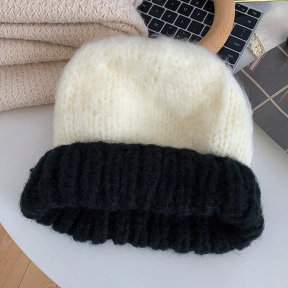 CoCopeaunts Mohair Blend Beanies Hats Soft Warm Winter Bicolor Patchwork Skullies Hat for Women Knitted Caps Beanies Female Knit Cap Bonnet