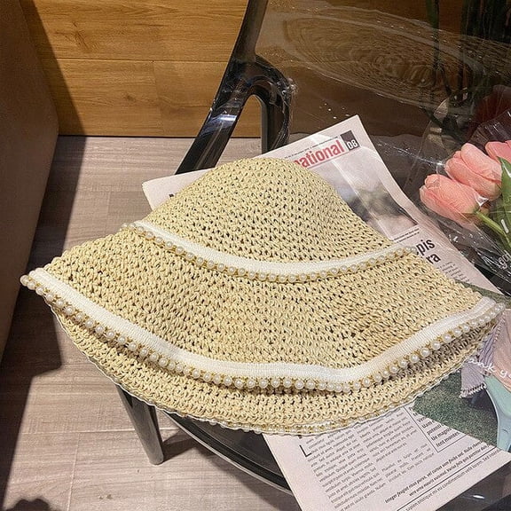 CoCopeaunts New Pearl Sun Hat Women Summer Bucket Folding Straw Hat Panamas Sun Visor Seaside Beach Hat Summer Hats