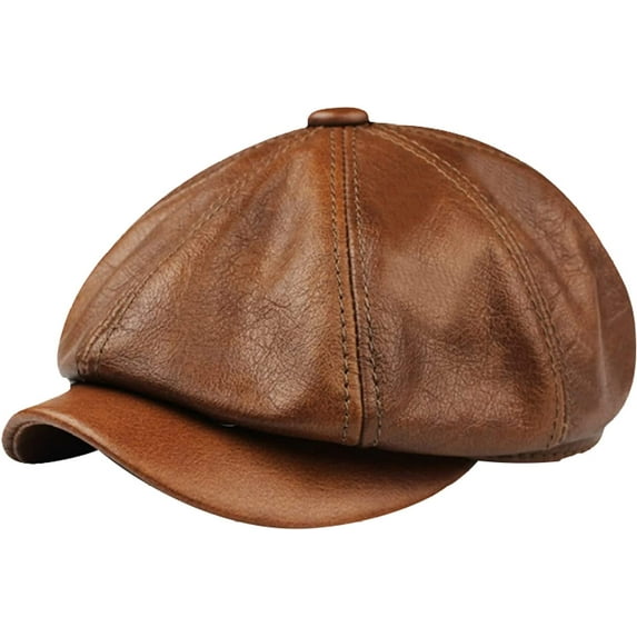 CoCopeaunts Newsboy Cap Retro Octagonal Leather Hat Winter Men's Cowhide Leather Beret Tongue Cap Snapback Caps
