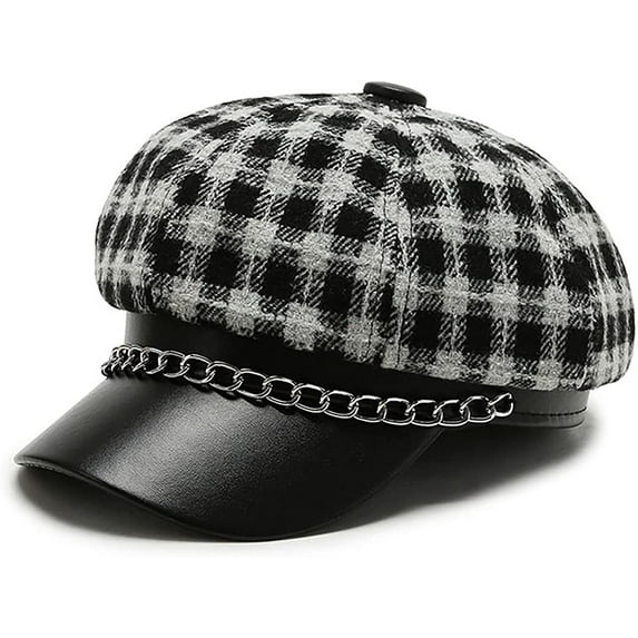CoCopeaunts Plaid Newsboy Cap for Women PU Leather Newsboy Hats Tweed 8 Panels Octagonal Hats with Metal Chain Decoration