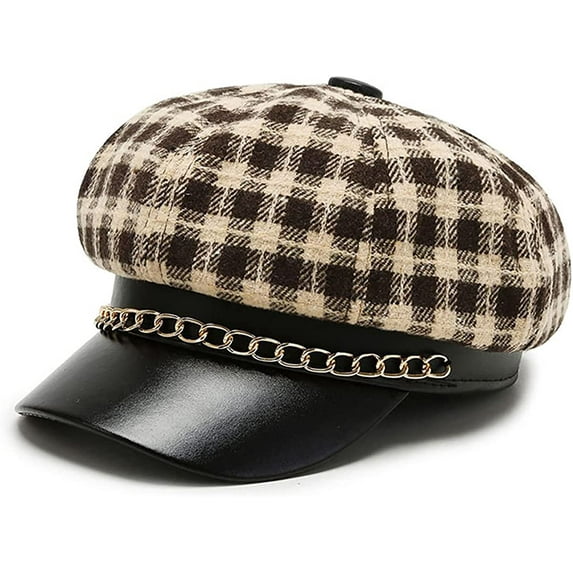 CoCopeaunts Plaid Newsboy Cap for Women PU Leather Newsboy Hats Tweed 8 Panels Octagonal Hats with Metal Chain Decoration