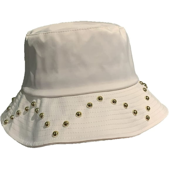 CoCopeaunts Plain Women Bucket Hat Bead Decorate Fisherman Hat Outdoor Wild Flat Top Foldable Basin Hat Four Seasons All-Match