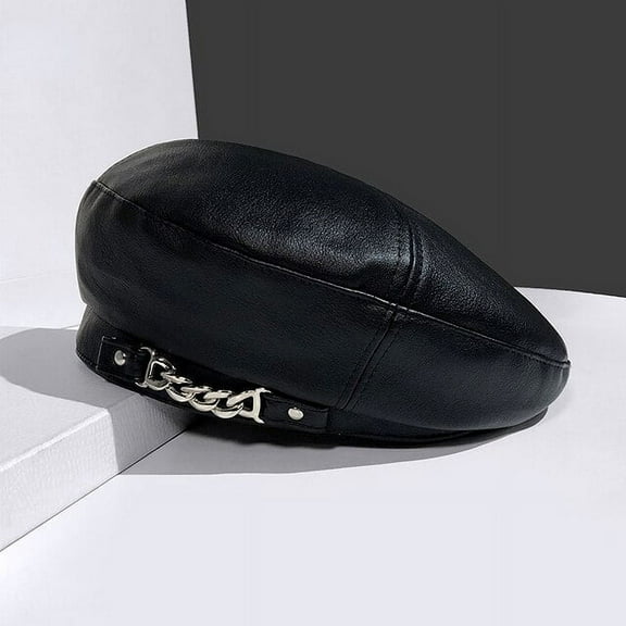 CoCopeaunts Pu Leather Berets Caps for Women Hat Chain Barette Hat Painter Berets Caps for Ladies Girls Hats Trendy Hat Elegant Berets