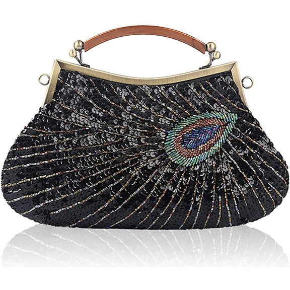 CoCopeaunts Retro Peacock Handbag Sequin Clutch Bag Evening Shoulder Bag Wedding Crossbody Bag Top Handle Satchel Kiss Lock Purse