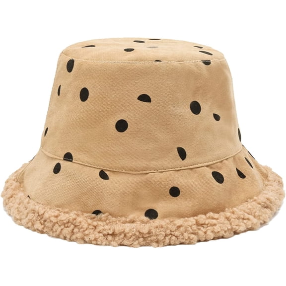 CoCopeaunts Reversible Bucket Hat Unisex Vintage Polka Dot Wide Brim Fisherman Cap Women Double Sided Wear Lambs Wool Winter Hats