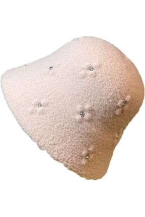 Small Bucket Hat for Women Embossed Flower White Rhinestone Fisherman Cap Thickening Warm Basin Cap Hundred Take
