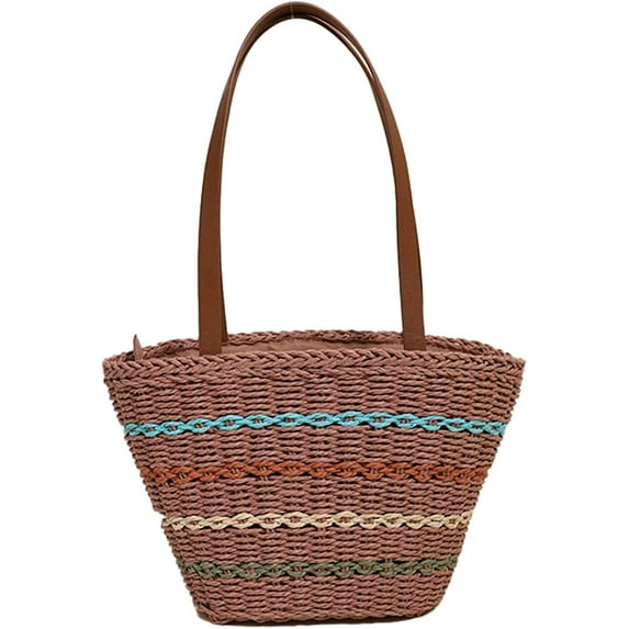 CoCopeaunts Straw Bag Women Summer Beach Bag Large Straw Tote Bag Handmade Woven Colored Striped Straw Shoulder Bag Handbag