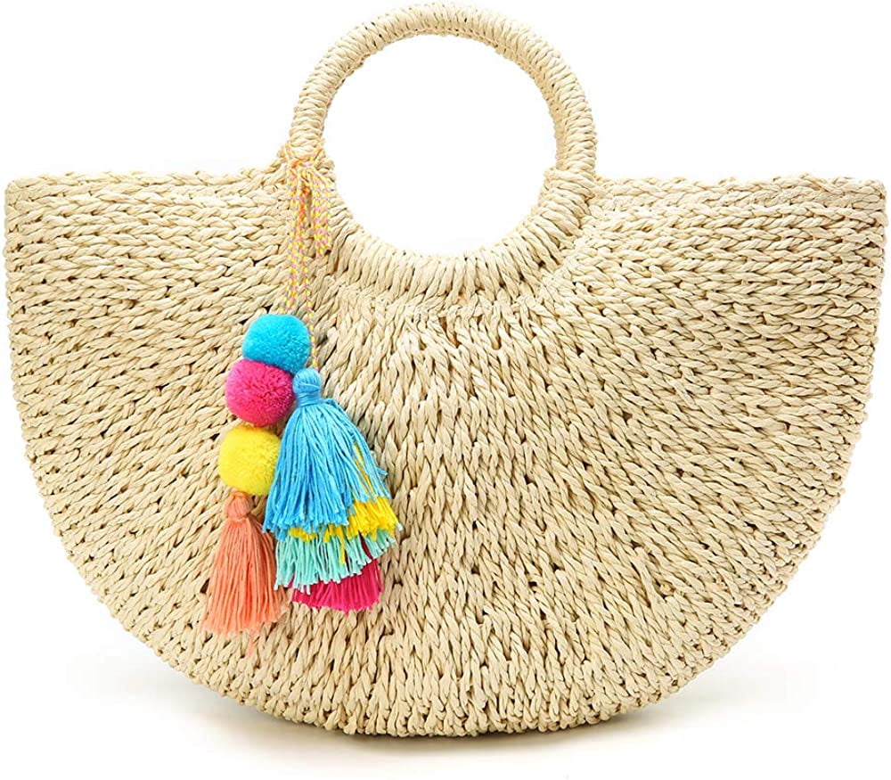 Straw Beach Tote Bag With Tassels & Pom Poms - Large Handwoven Summer Shoulder Bag, Alight Brown - View #5