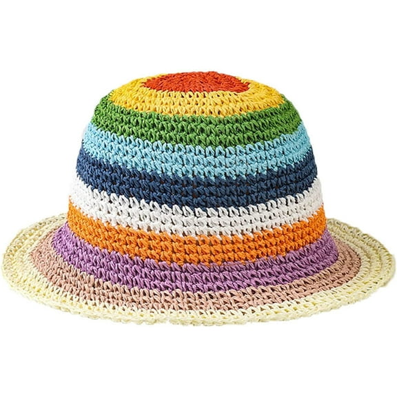 CoCopeaunts Straw Bucket Hat Women's Rainbow Striped Woven Summer Breathable Hollow Fisherman Hat Crochet Sunscreen Bucket Cap