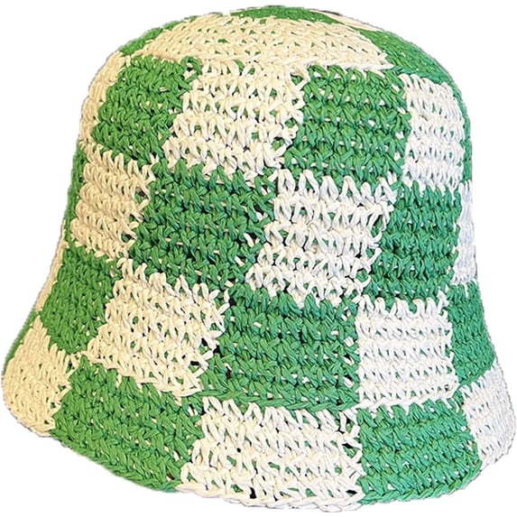CoCopeaunts Straw Bucket Hat for Women Plaid Patchwork Crochet Fisherman Hat Outdoor Sun Protection Hollow Ladies Bucket Cap