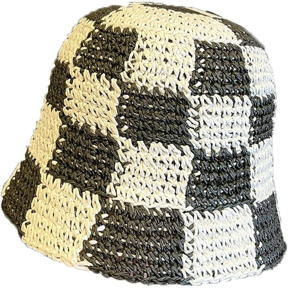CoCopeaunts Straw Bucket Hat for Women Plaid Patchwork Crochet Fisherman Hat Outdoor Sun Protection Hollow Ladies Bucket Cap
