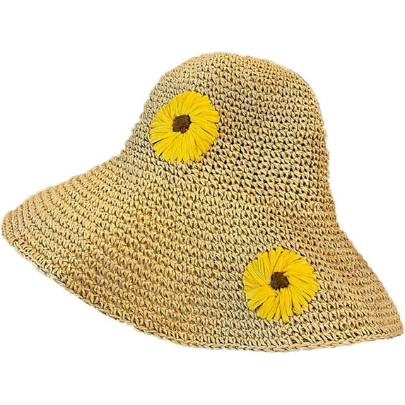 CoCopeaunts Straw Bucket Hat for Women Summer Daisy Woven Wide Brim Sun Protection Basin Hat Floppy Beach Dome Bucket Cap