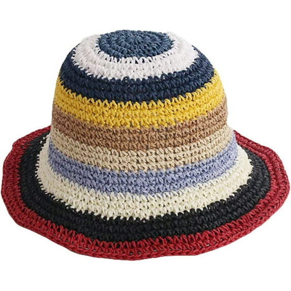 CoCopeaunts Straw Bucket Hat for Women Sun Shade Woven Wide Brim Fisherman Hat Foldable Floppy Rainbow Striped Crochet Bucket Cap