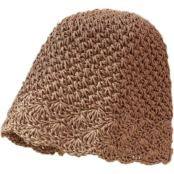 CoCopeaunts Straw Bucket Hat for Women Wave Wide Brim Sun Cap Hollow Plain Color Fisherman Hat for Walking Running Camping