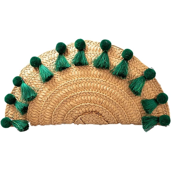 CoCopeaunts Straw Clutch Purses Women Stylish Handwoven Pompom Semi-Circular Handbag Vacation Purse for Travel Party