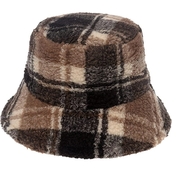 CoCopeaunts Stylish Winter Plaid Bucket Hat Soft Warm Lambs Wool Fisherman Caps for Women Teens Girls Casual Winter Warm Hat