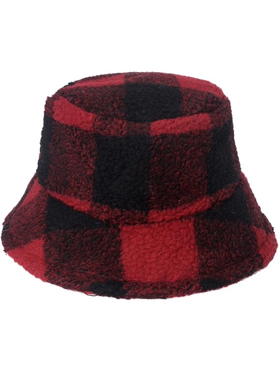 Stylish Winter Plaid Bucket Hat Soft Warm Lambs Wool Fisherman Caps for Women Teens Girls Casual Winter Warm Hat