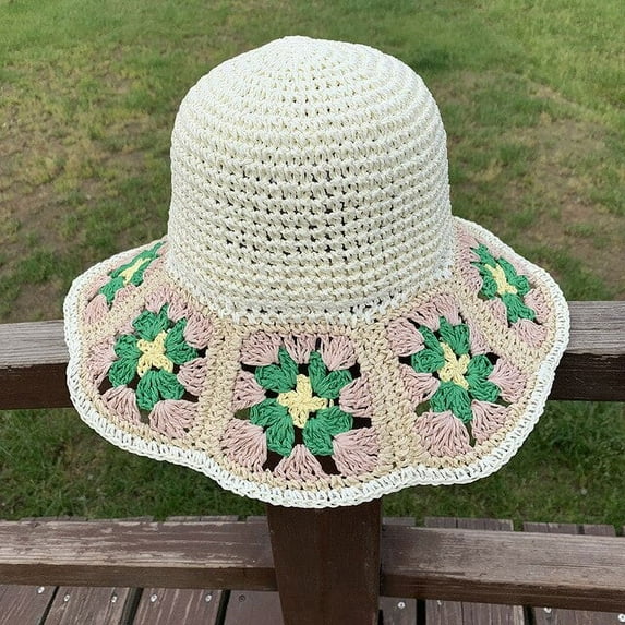 CoCopeaunts Summer Bucket Hat Women Flowers Crochet Bucket Hat for Womens Hand Weave Straw Hat Seaside Vacation Beach Hats Ladies Sun Hat