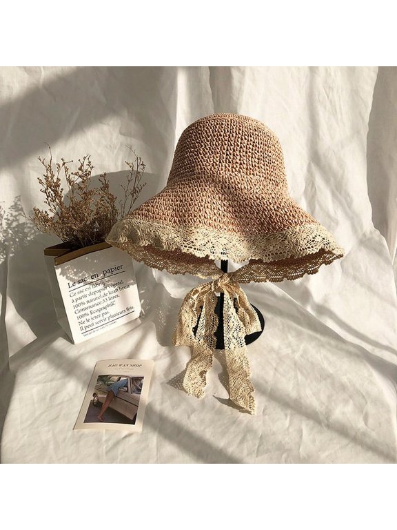 Summer Bucket Hat Women Lace Sun Hats for Wide Brim Straw Beach Side Cap Floppy Female Straw Hat Lace Solid Fringe Straw Hat
