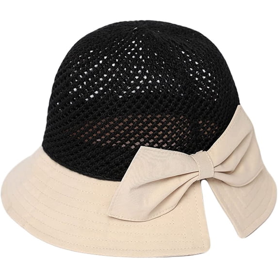 CoCopeaunts Summer Bucket Hat for Women Split Brim Bow Decor Dome Mesh Basin Hat Anti UV Two-Color Patchwork Fisherman Hats
